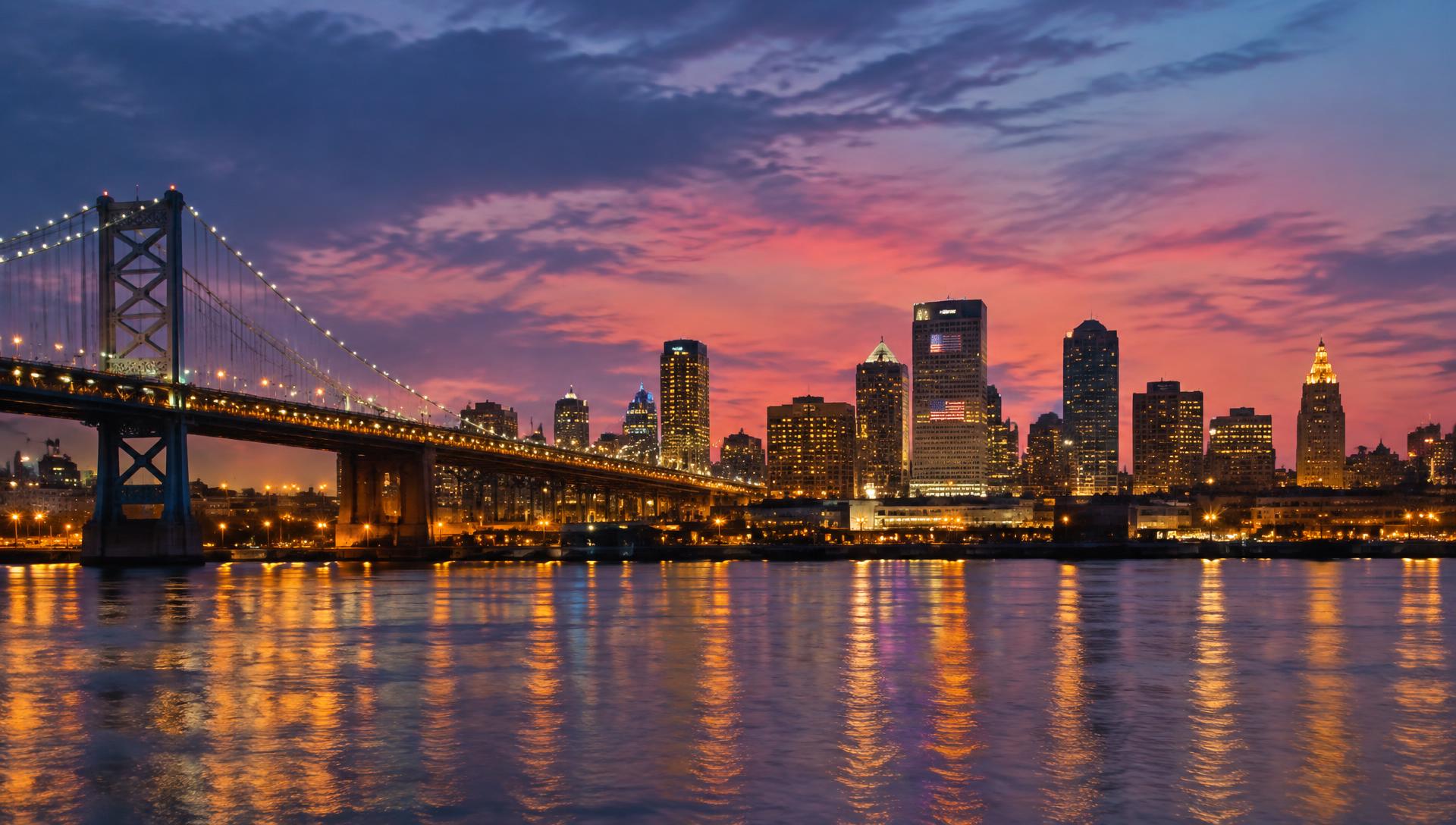 New Jersey skyline at dusk with an illuminated bridge over the water